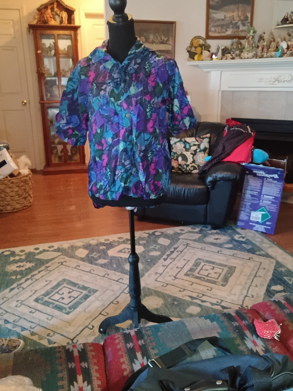 Studio One Purple & Teal Floral Button-Front Blouse 100% Silk